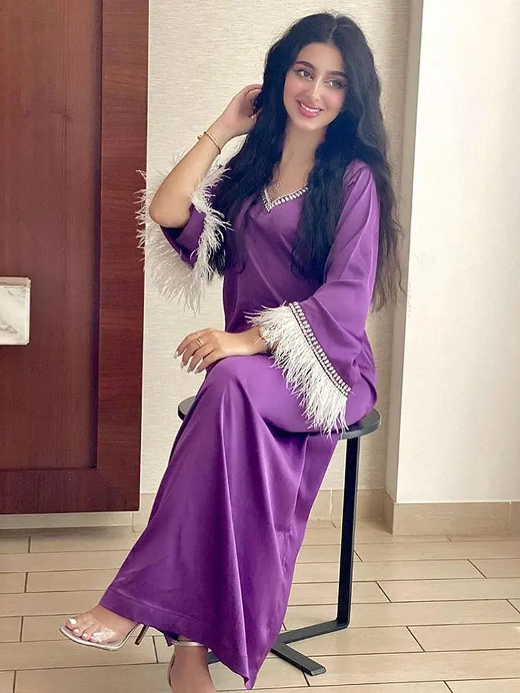 

Feather Kaftan Arabic Long Dress Jalabiya Women Elegant Satin Moroccan Muslim Party Caftan Islam Dubai Saudi Abaya Ramadan Eid
