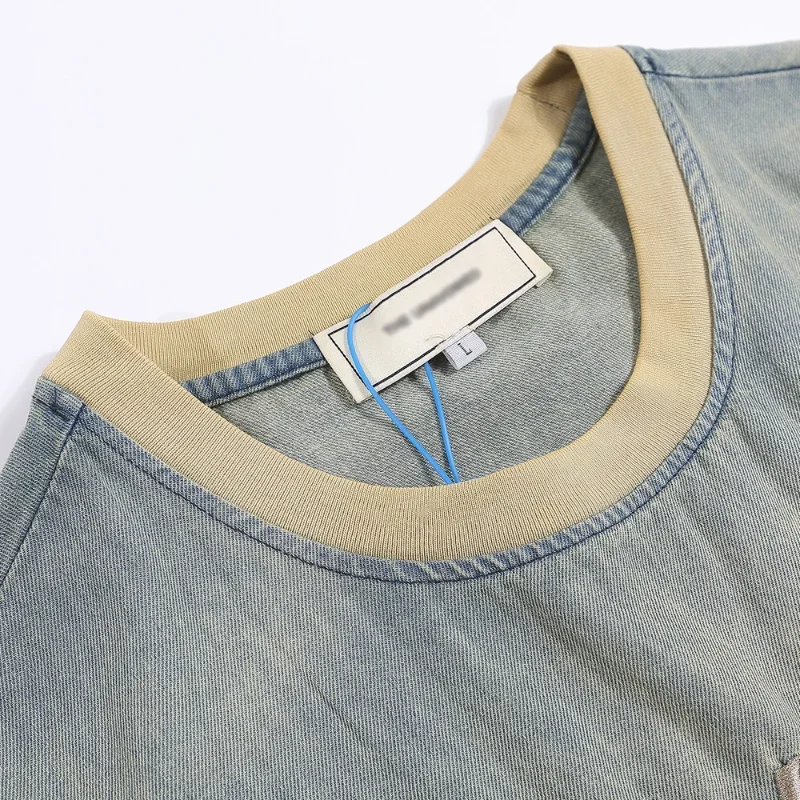 Мужская джинсовая футболка с вышивкой букв хлопковая Футболка круглым вырезом и