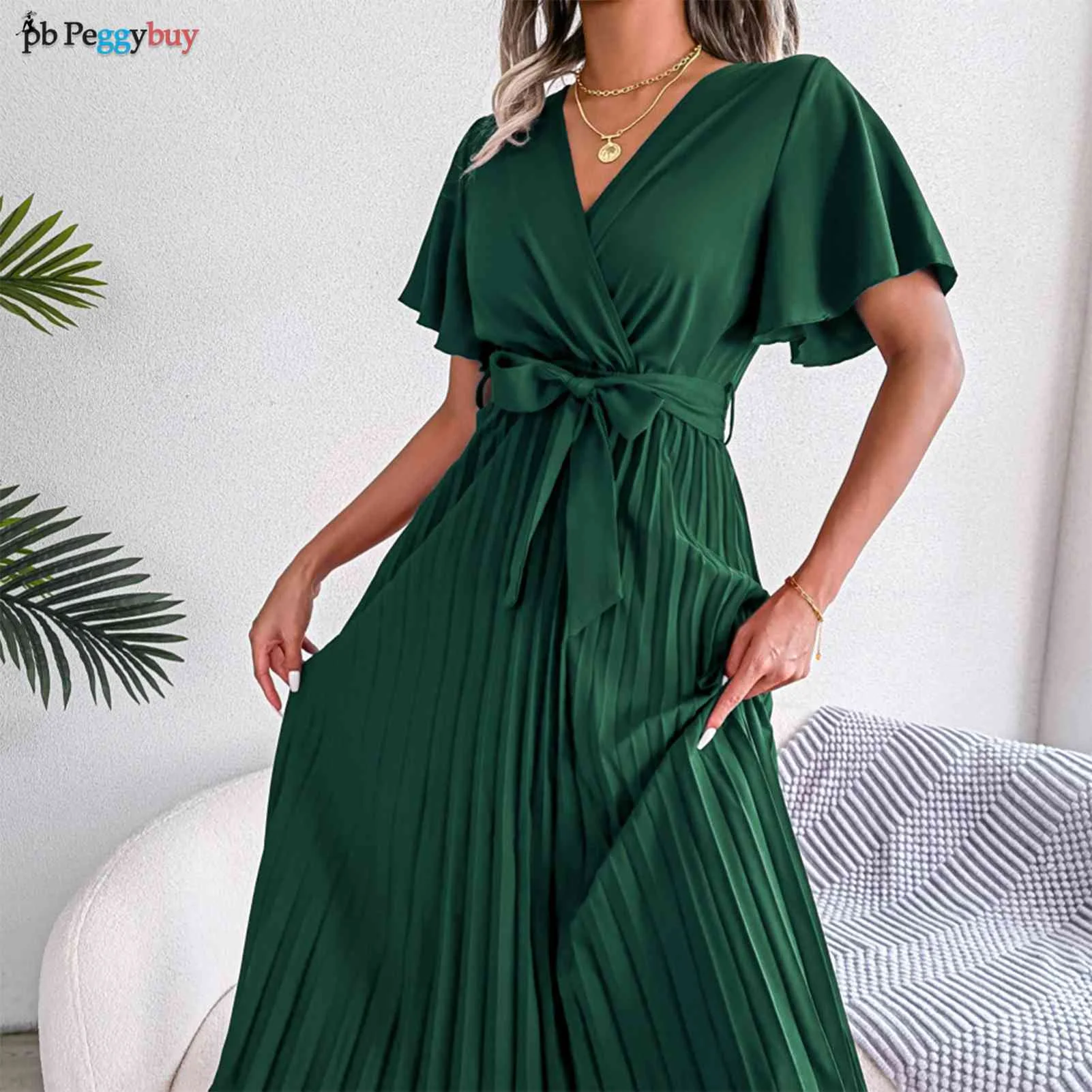 

Женское длинное платье с широкой юбкой, повседневное элегантное плиссированное платье в европейском стиле с V-образным вырезом, весна-лето