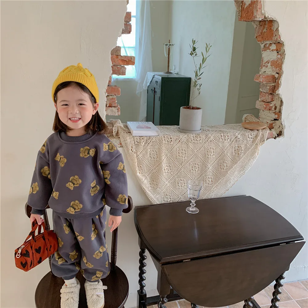 

Autumn Winter Kids clothing sets cartoon bears Lining Fur 2Pcs outfit Boys and Girls pullover and sweatpants