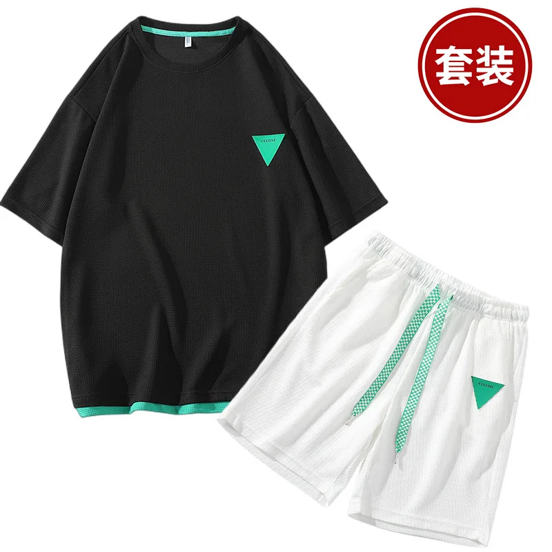 Waffle Casual Suit Men's Summer Short Sleeve T-shirt Men's Suit with Handsome Fashion Brand Sports Tops