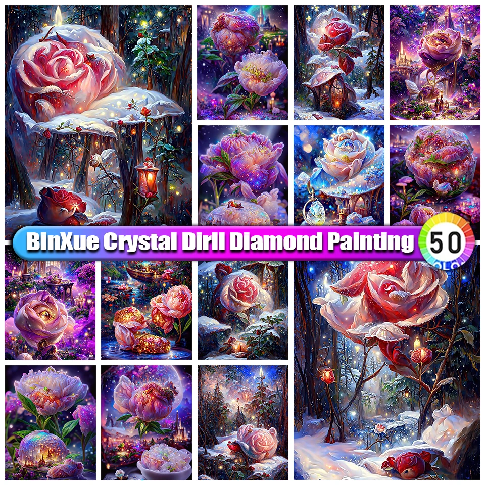 

BinXue 5D DIY Fantasy Snow Rose Flower Round Crystal Diamond Painting Peony Embroidery Tree Handmade DIY Mosaic Home Decor Gift