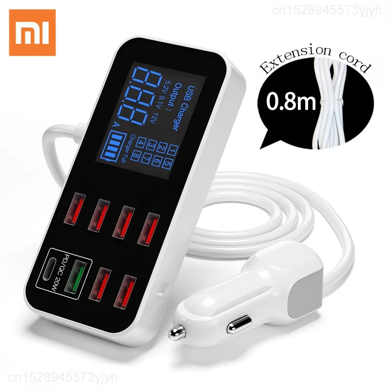 

Xiaomi Digital Display 8-port USB Fast Car Phone Charger PD20W for iPhone 13 12 Xiaomi iphone Fast Charging 0.8M Extension Cable