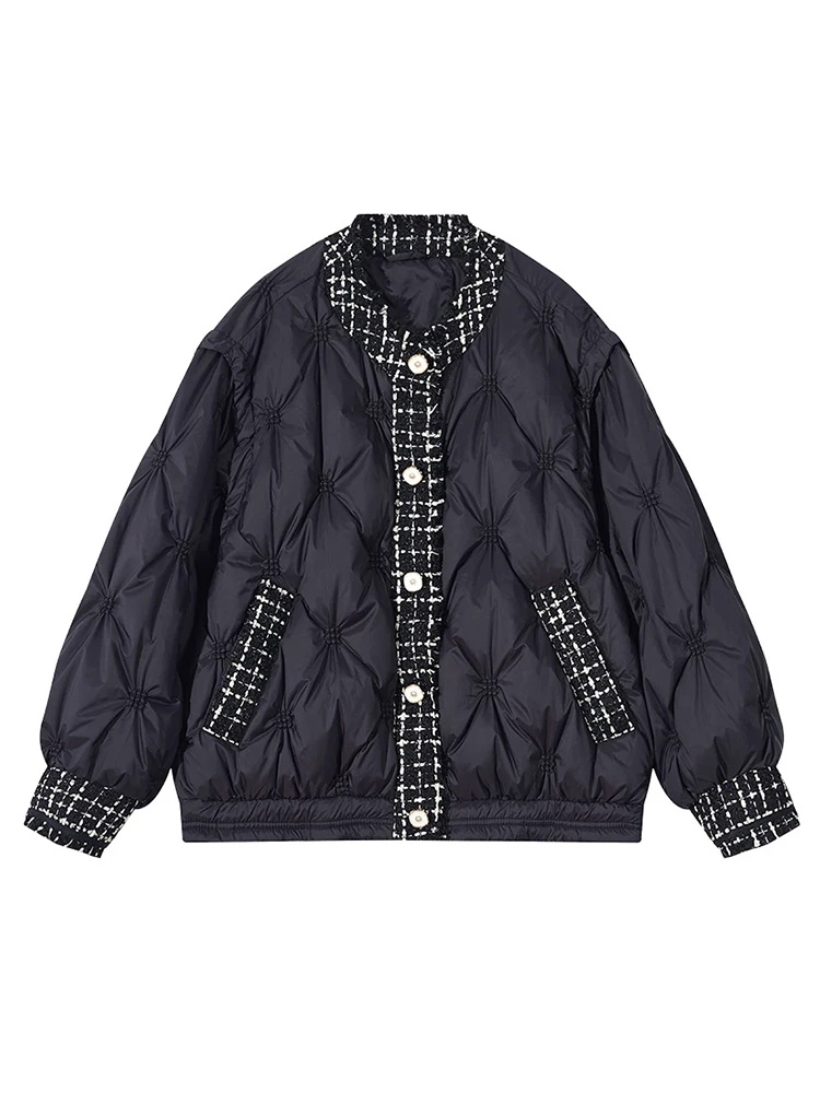 

Winter Thick Cotton Padded Coats Women Single-breasted Patchwork Rhombic Lattice Female Parkas Fashion All-Match O-neck Jackets