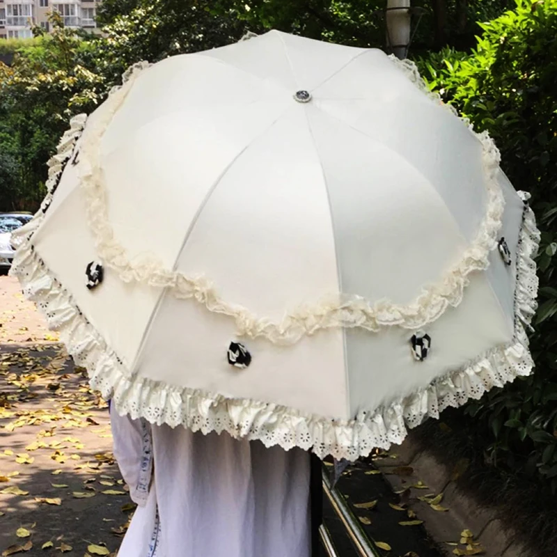 

Anti-uv Lace Princess Umbrella Women Sun Flat Lightweight 3 Folding Umbrellas Folding Umbrella Korean Gift For Drop Ship