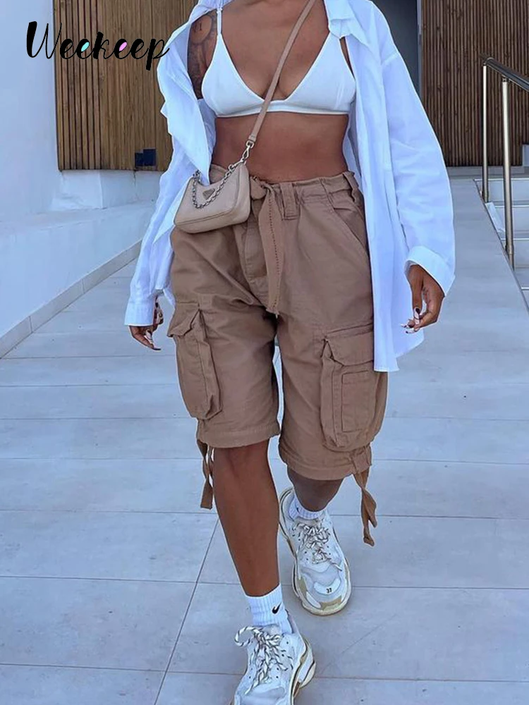 

Шорты Weekeep джинсовые в стиле ретро, уличная одежда, с карманами, на завязках, с низкой посадкой, винтажные брюки-карго из денима, мешковатые д...