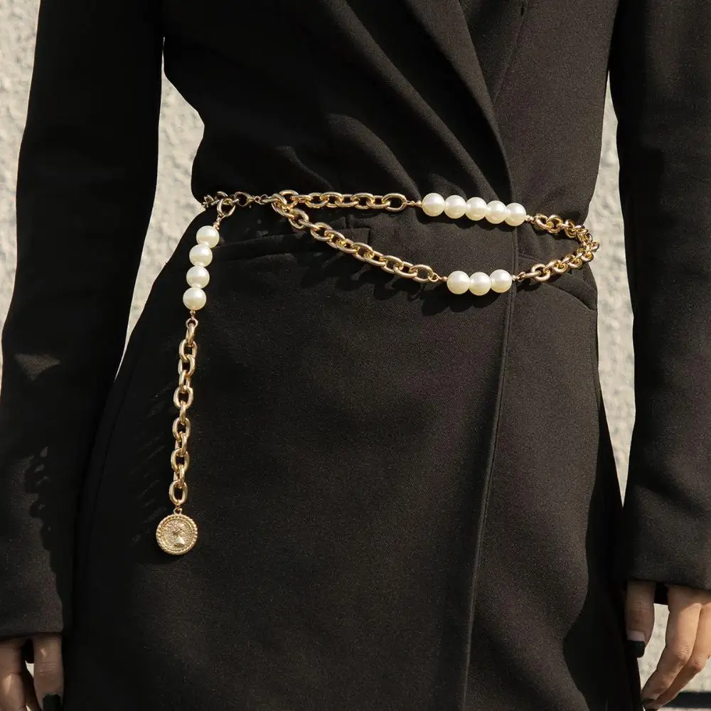 

Elegant Adjustable Pendant Coat For Women Dress Chain Pearl Waistband Belly Belts Waist Strap