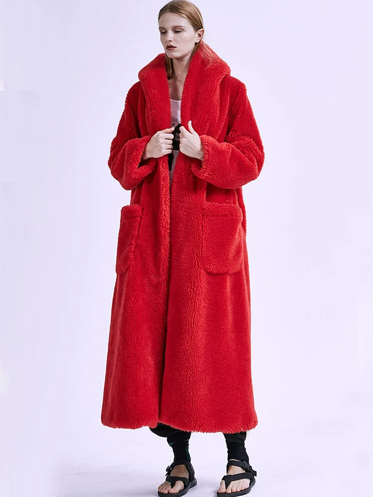 Winter Fashion Thick Warm Blue Long Hooded Fur Coat for Women Elegant Plush Overcoat Ladies Red Faux Fur Jacket Outerwear