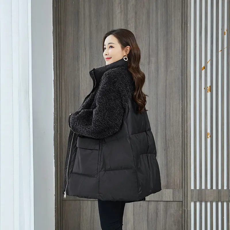 New Winter Jacket for Women Lamb's Wool Patchwork Coats Long Sleeves Tops Warmth Cotton Jacket Oversize Korean Fashion