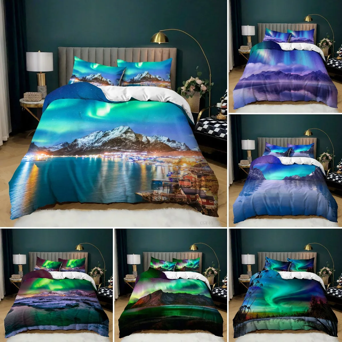 

Aurora Borealis Duvet Cover King/Queen Size,Pale Weather Over The Hills with Waterfall Creek Nature Landscape Bedding Set,green