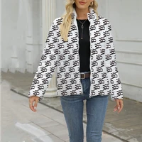new autumn and winter womens printed long sleeved casual jacket warm coat womens loose stand up collar zipper womens jacket