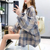 spring autumn new vintage loose casual plaid shirt women long sleeve fashion lady tops all match oversized blouse coat female