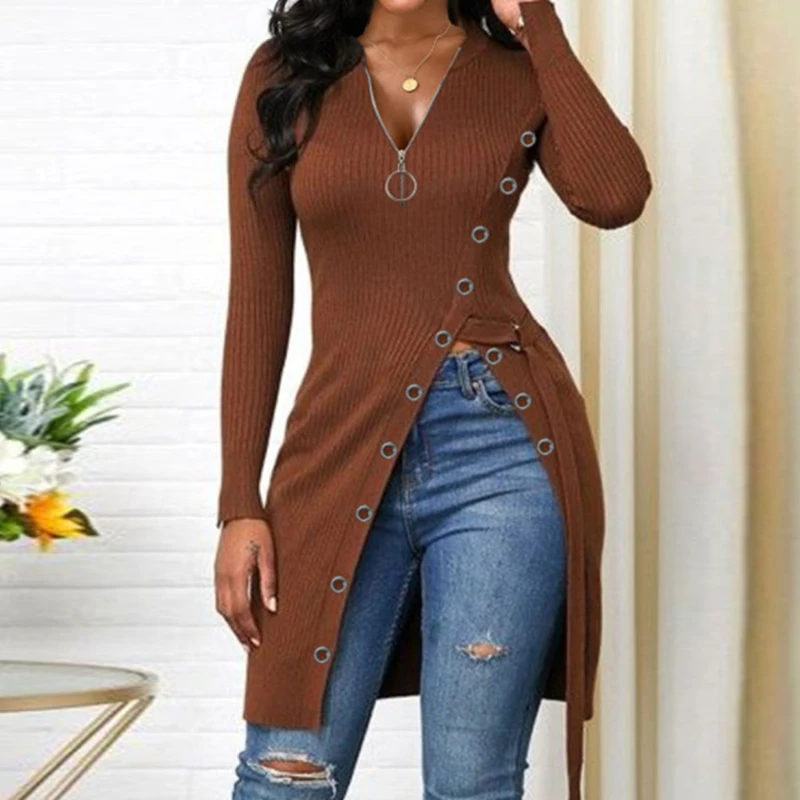 

Женская футболка с V-образным вырезом и разрезом, с длинным рукавом