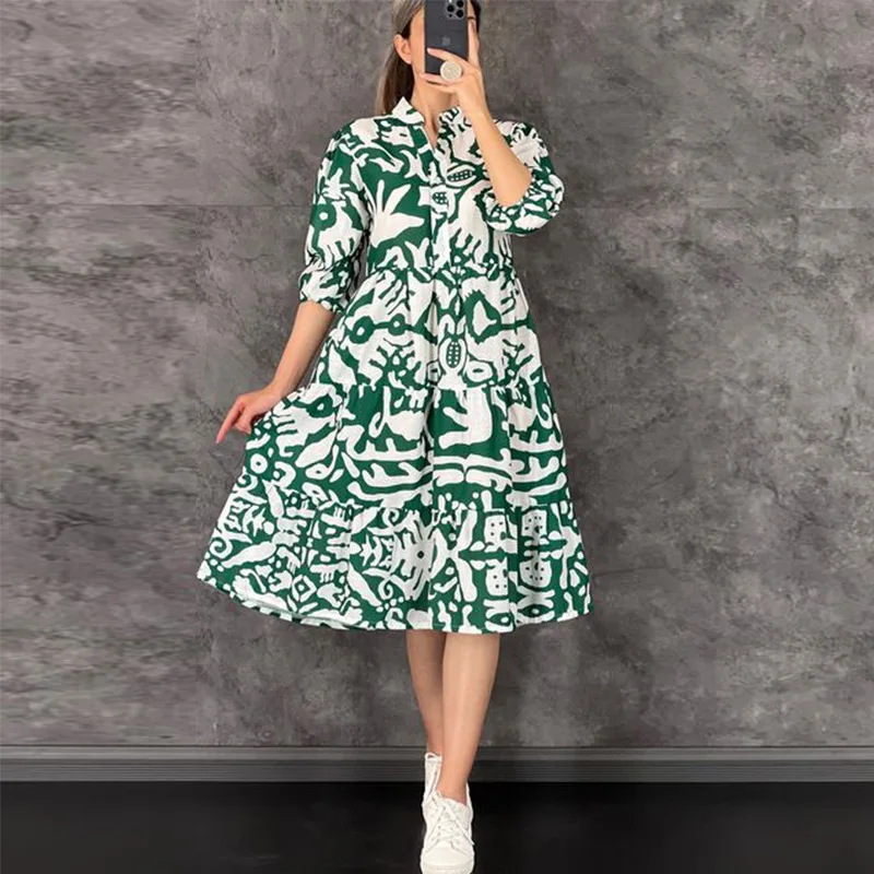 

Loose Dress Women Seventh Sleeve Fashion Print Sundress Summer Stand-up Collar Casual Outfits Holiday Dresses Female Clothing