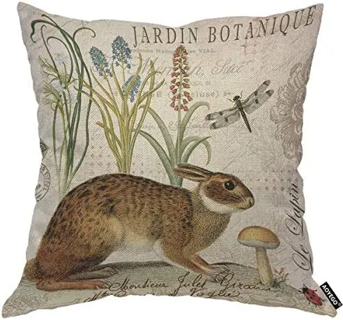 

Rabbit Throw Pillow Cover Bunny Animal Cute Botanical Floral Leaf Nature Insect Foliage Bud Pillow Case 18x18 Inch for Home