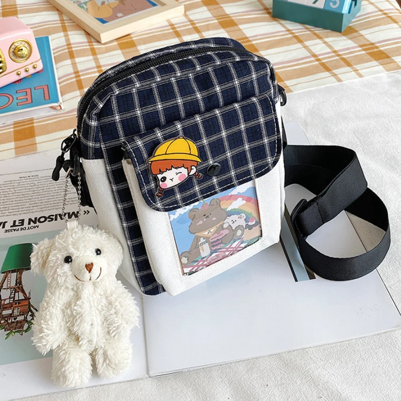 Girls Boys Canvas Bags 2022 Fashion New Children Lattice Lovely Student Messenger shoulder Bag