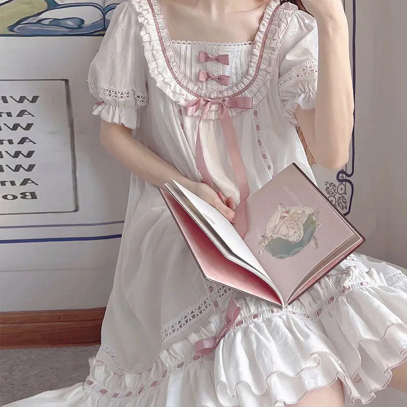 

QWEEK Lolita Vintage Dress Princess Sleepwear Summer Women's Nightwear Bow Ruffle Nighties Girls for Sleep Nightgown