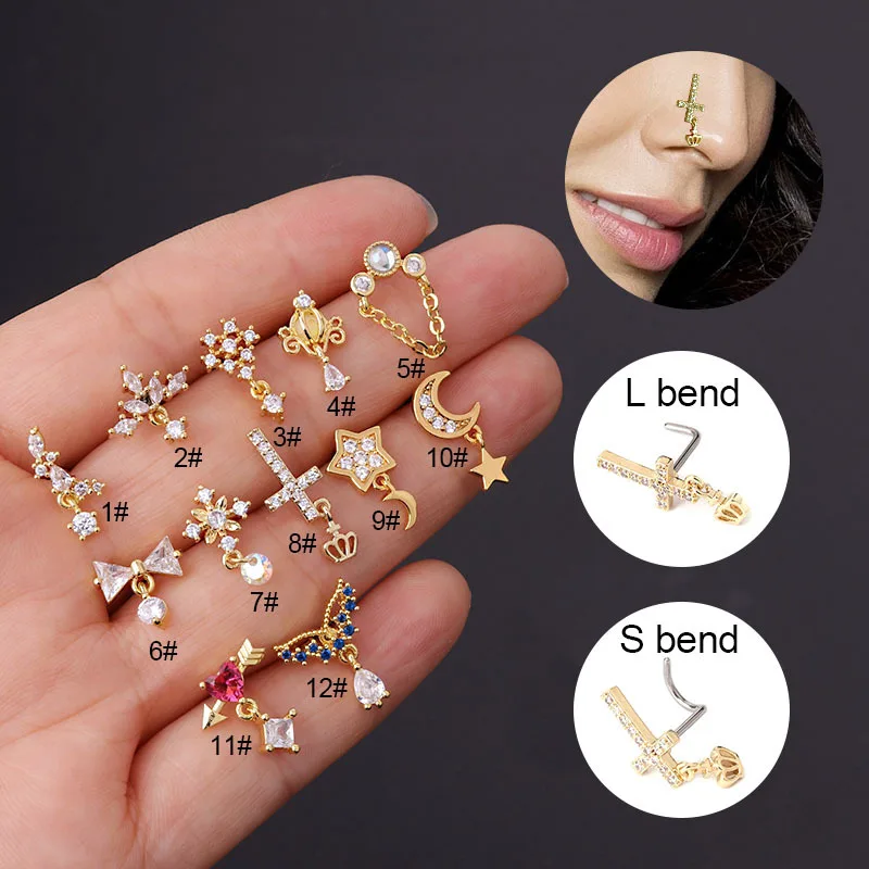 

1Pcs 20G Stainless Steel Piercing Nose Stud L Rod Crystal Flower Butterfly Pendant CZ Nose Ring Nostril PIERC Body Jewelry