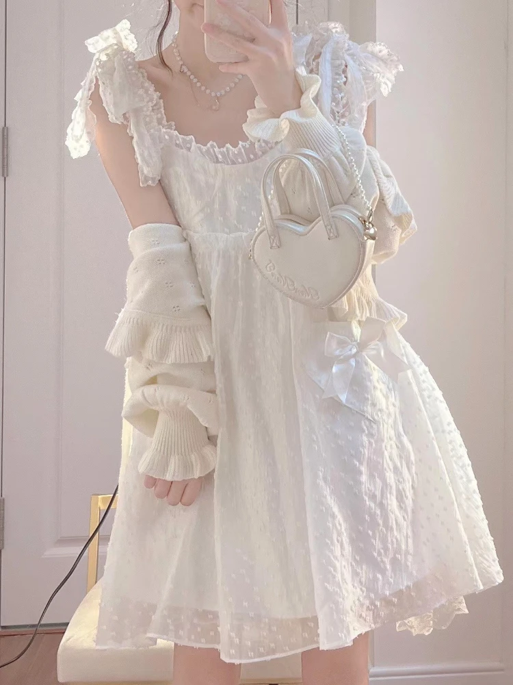 White Kawaii Sweet Dress Women Summer 2022 Korean Chic Elegant Party Mini Dress Fairy Casual Japanese Lolita Princess Cute Dress