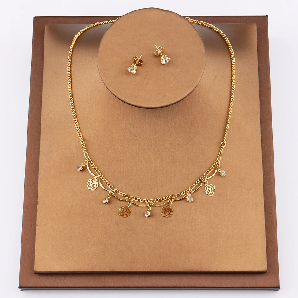 

Fashion Jewelry Sets for Women Dubai Golden Elegant Women's Sets Wedding Necklace Vintage Earrings Fashion Jewelry For Ladies