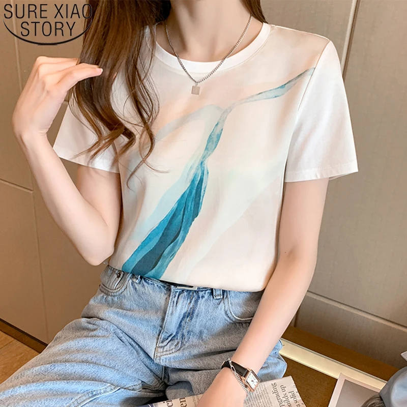 

White Tops Casual Women Cotton T-shirts Fashion Print Mulberry Silk Shirt Short Sleeve O-Neck T Shirt 2022 New Summer Tees 19794
