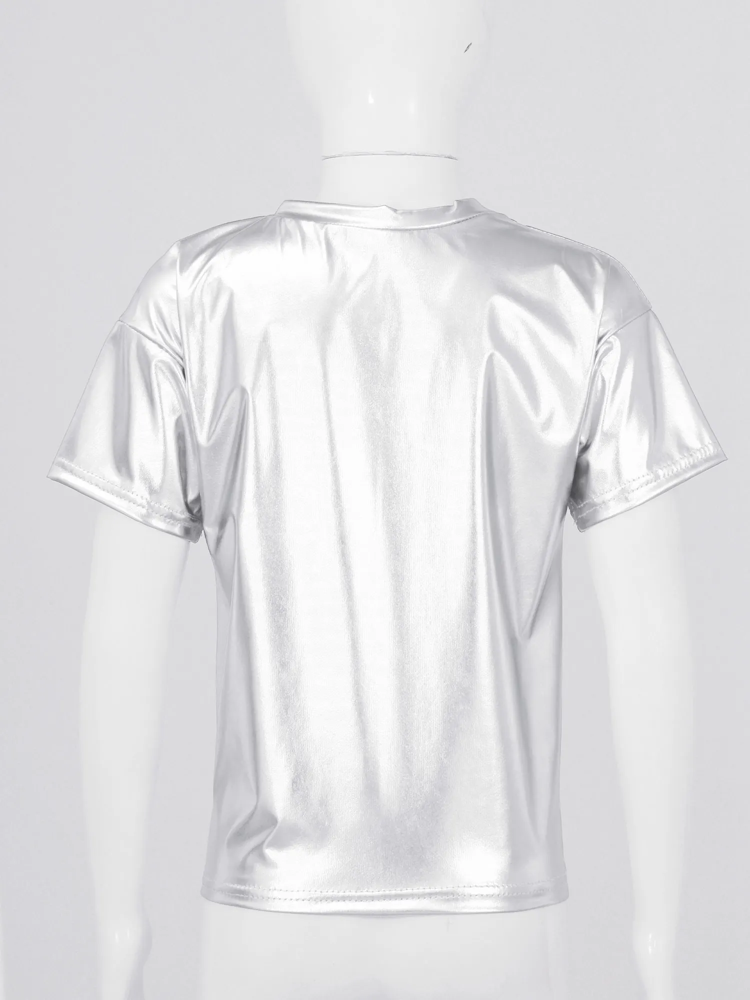 Kids Girls Boys Dance Tops Shiny Metallic Short Sleeve T-Shirt Jazz Hip Hop Street Dance Performance Blouse