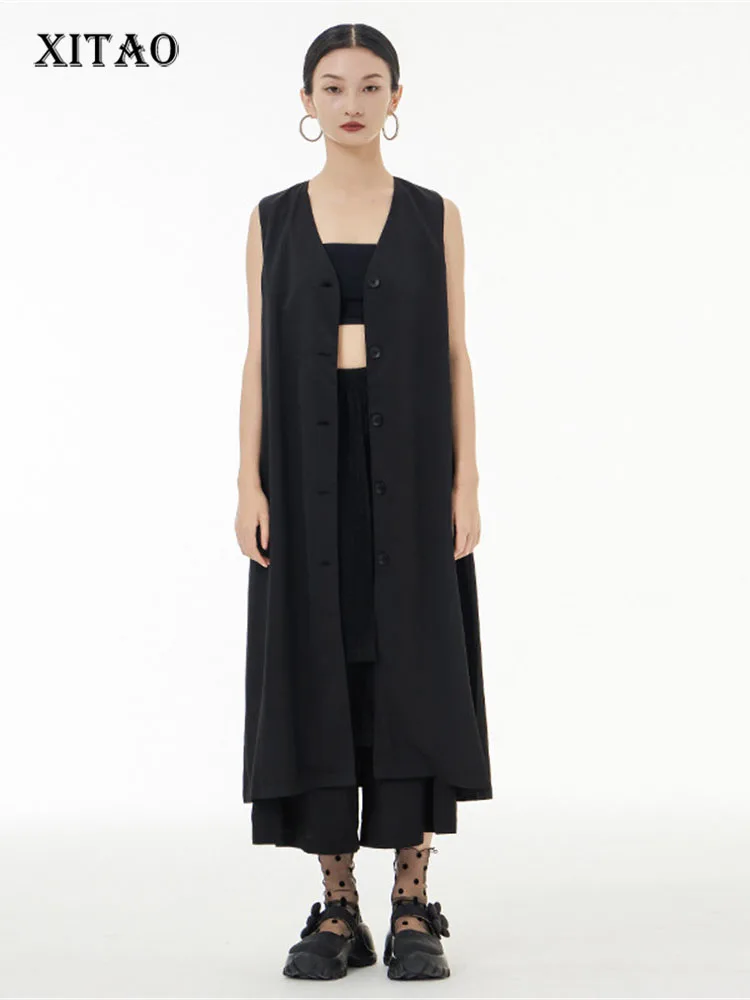 

XITAO Black Vest Pleated Mesh Single Breast Sleeveless Fashion Women 2022 Autumn Elegant Loose Minority Vest Top ZY7442