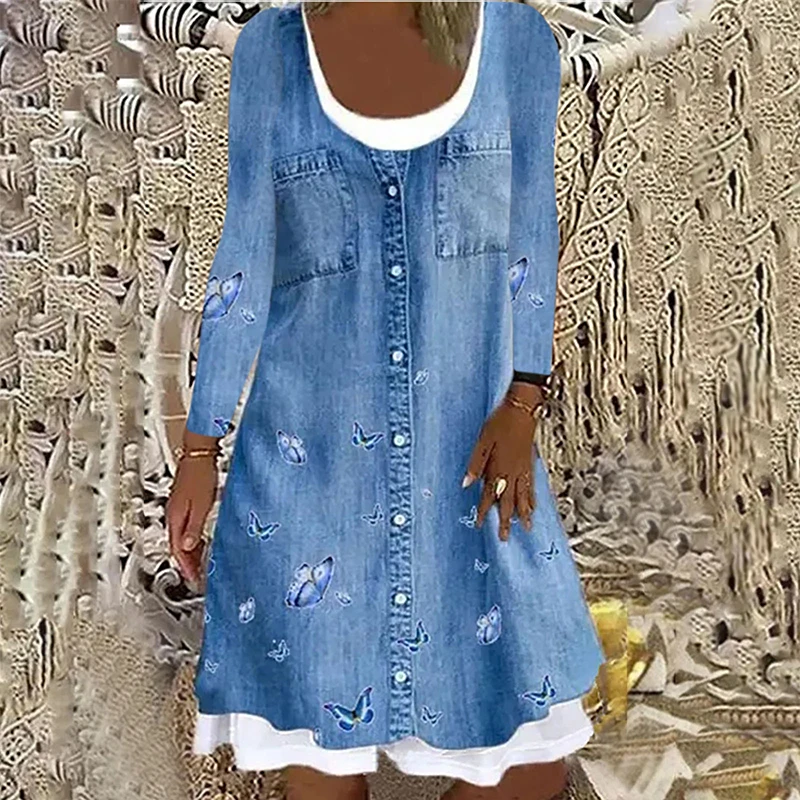 

Women Elegant Round Neck Full Sleeve Denim Dress Spring Retro Floral Print Party Dress Plus Sizes 5xl Casual Button Sexy Dress