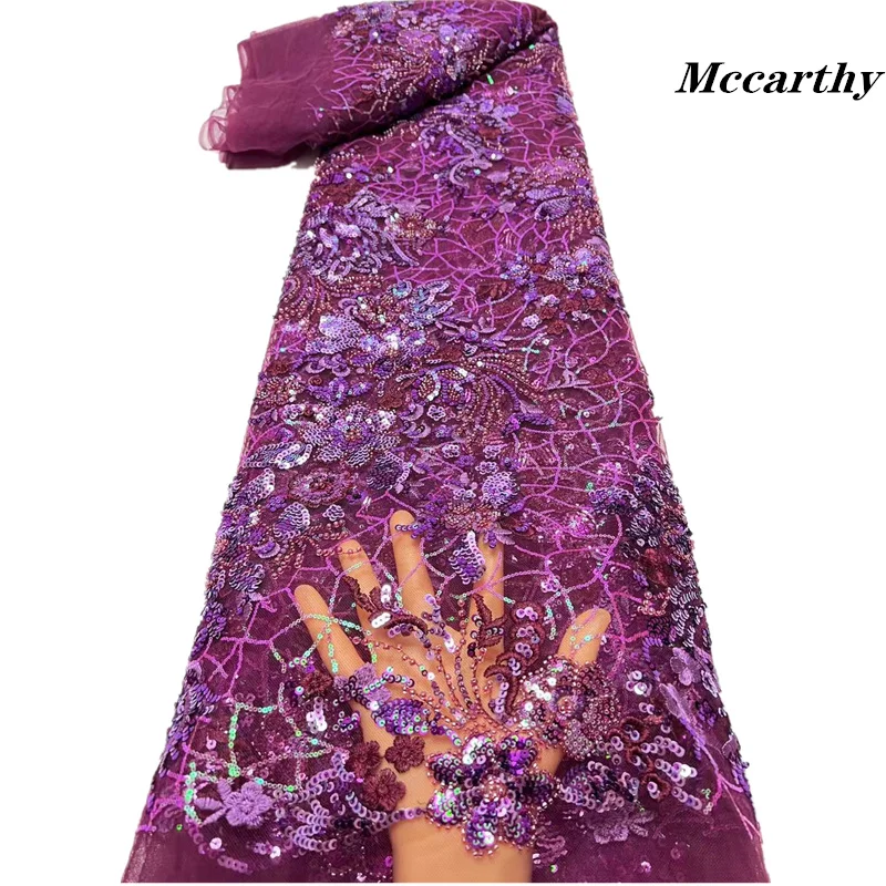 

French Sequin Bead Tulle Lace Nigerian Fabric 2023 High Quality 5 Yards African Embroidery Applique Mesh Fabric For Dress Sewing