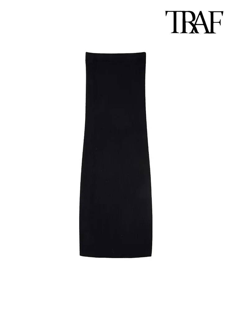 

TRAF Women Fashion Back Vent Ribbed Knit Skirt Vintage High Waist With Elastic Waistband Female Skirts Mujer