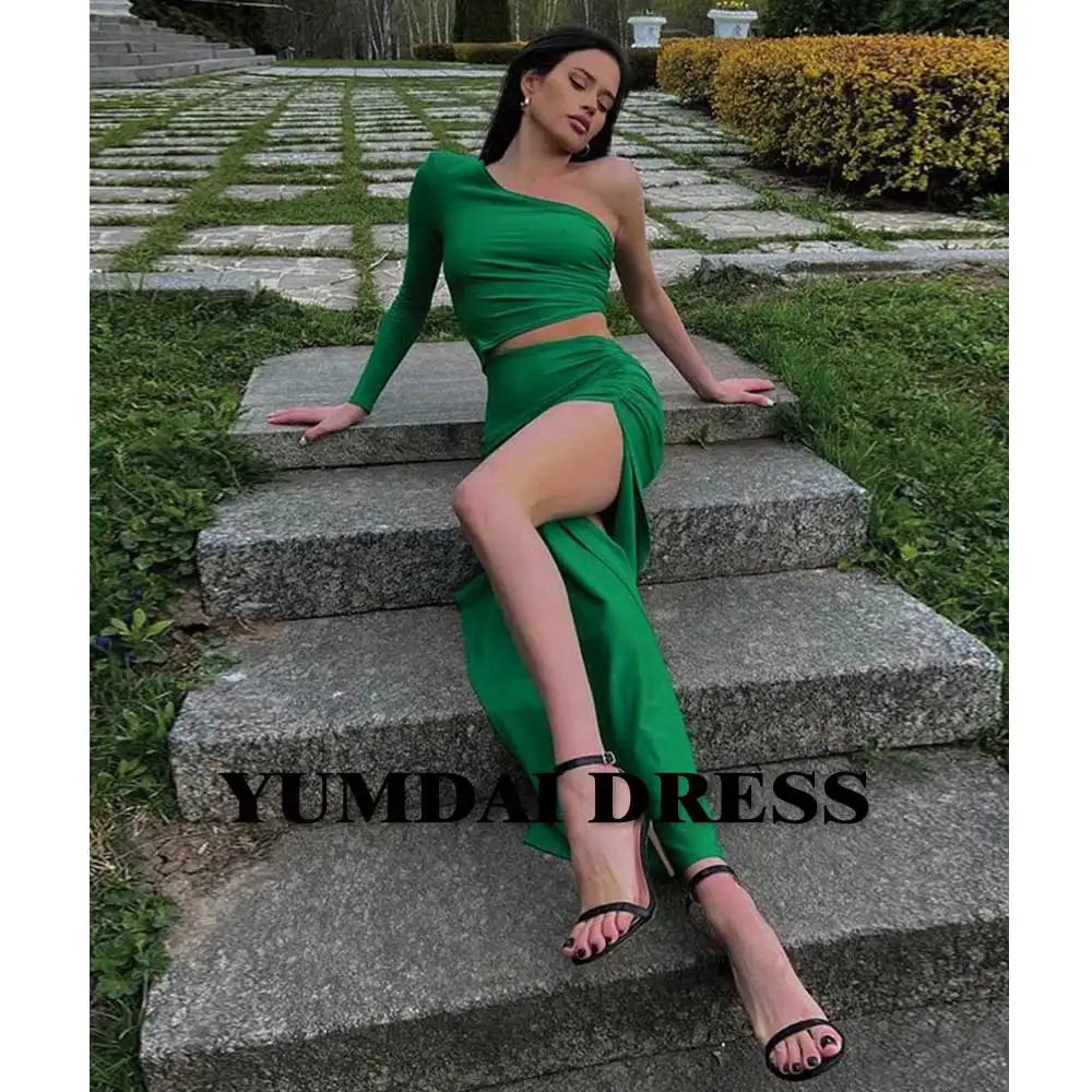 

YUMND Green Mermaid Ball Evening Gown Formal Full Length Party Gown Side Slit Cocktail Dress Haute Couture