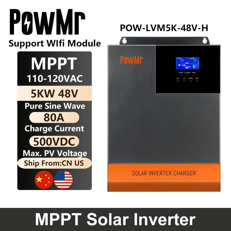 Инвертор солнечной энергии PowMr 5000 Вт 110 В/120 в пост. Тока 48 В 50 Гц/60 Гц |
