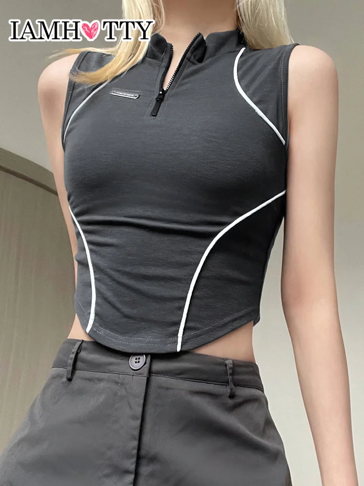 

IAMHOTTY Vintage Grunge Bright Thread Zipper Tank Top Grey Casual Sleeveless Crop tops Korean Style Chic All-match Punk Camis