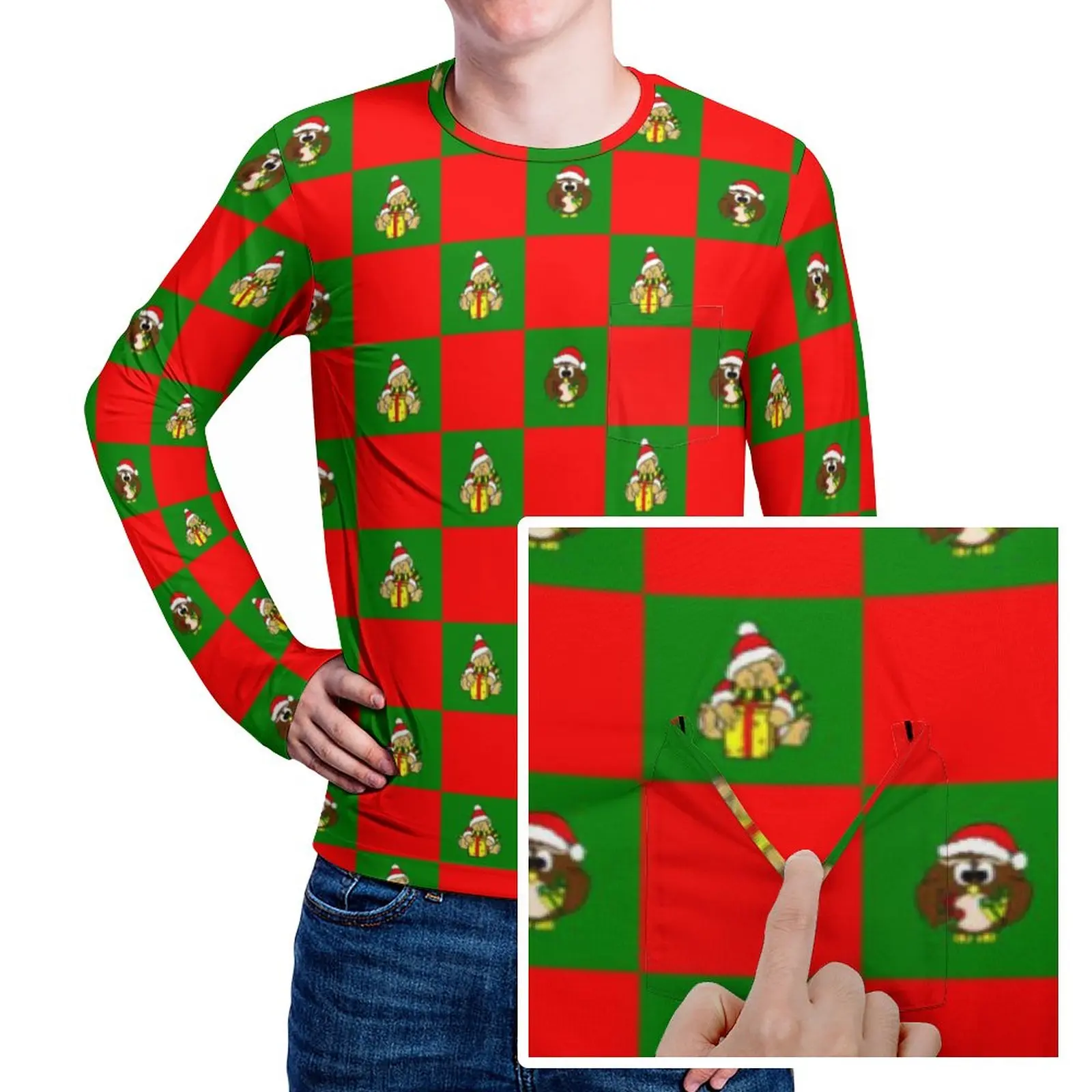 

Рождественская футболка с изображением совы и медведя, забавные Винтажные Футболки с изображением животных и карманом, весенние дизайнерские футболки с длинными рукавами, уличный сверхразмерный