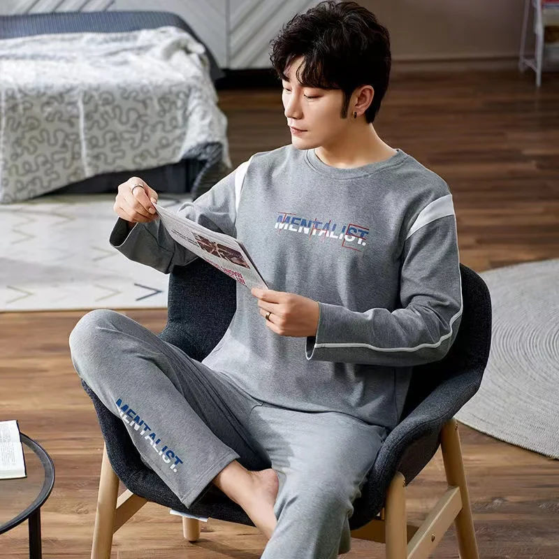 Spring/Autumn Pajamas Set Men Long-sleeved Trousers 100%Cotton  2 Piece Set Sleepwear Loose Home Clothes Homewear Nightwear