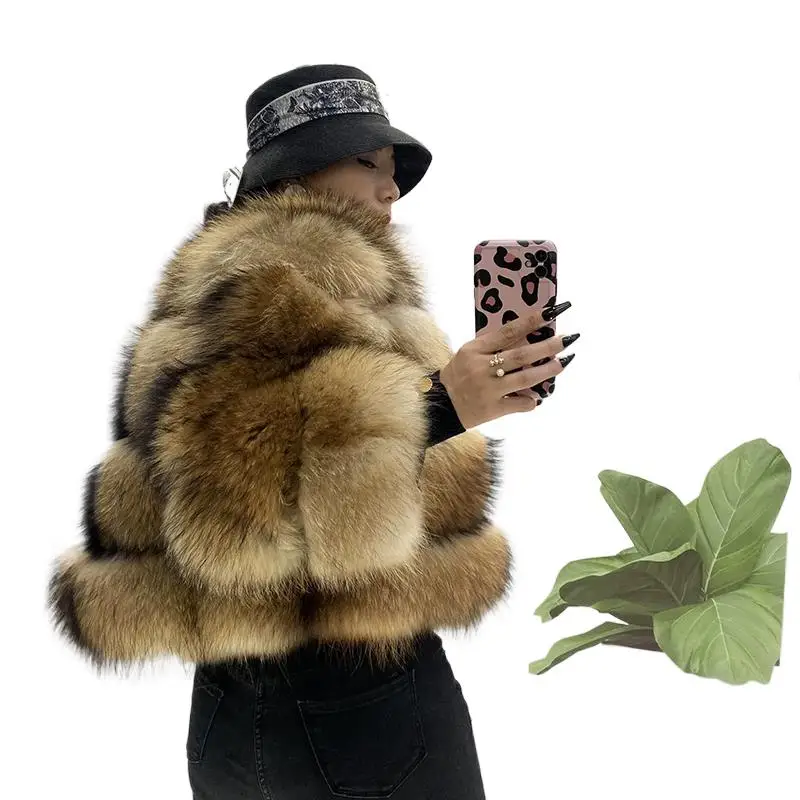Real Fur Raccoon Winter Warm Coat Women Natural Real Silver Fox Fur Jacket Female Fashion Round Neck Thicken Plus Size Outerwear