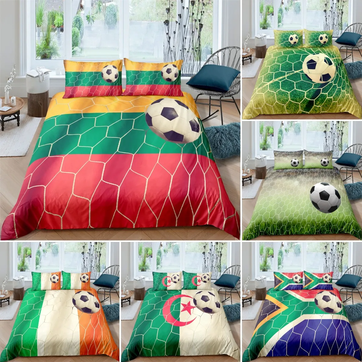 

Soccer Sport King Queen Duvet Cover Football World Cup Flag Bedding Set for Kids Teens Adults Ball Game Soft 2/3pcs Quilt Cover