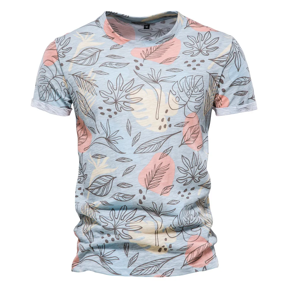 

New Cotton Crew Neck Colorful Leaf Print Hawaiian Men's Print T-Shirt Short Sleeve