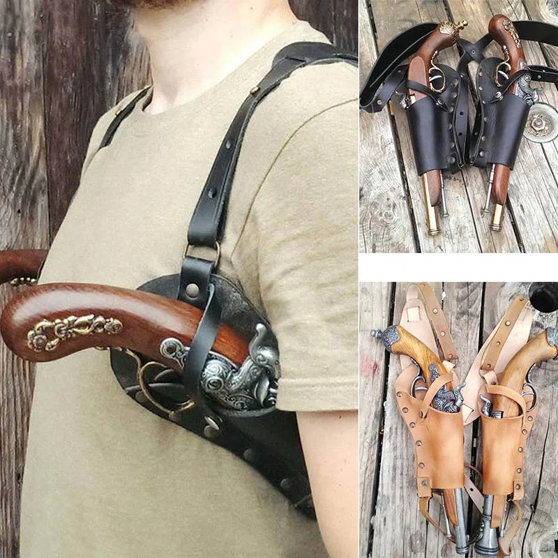 

Cosplay Pirate Leather Double Flintlock Gun Shoulder Holster Steampunk Universal Adjustable Pistol Holder For SCA Larp Costume