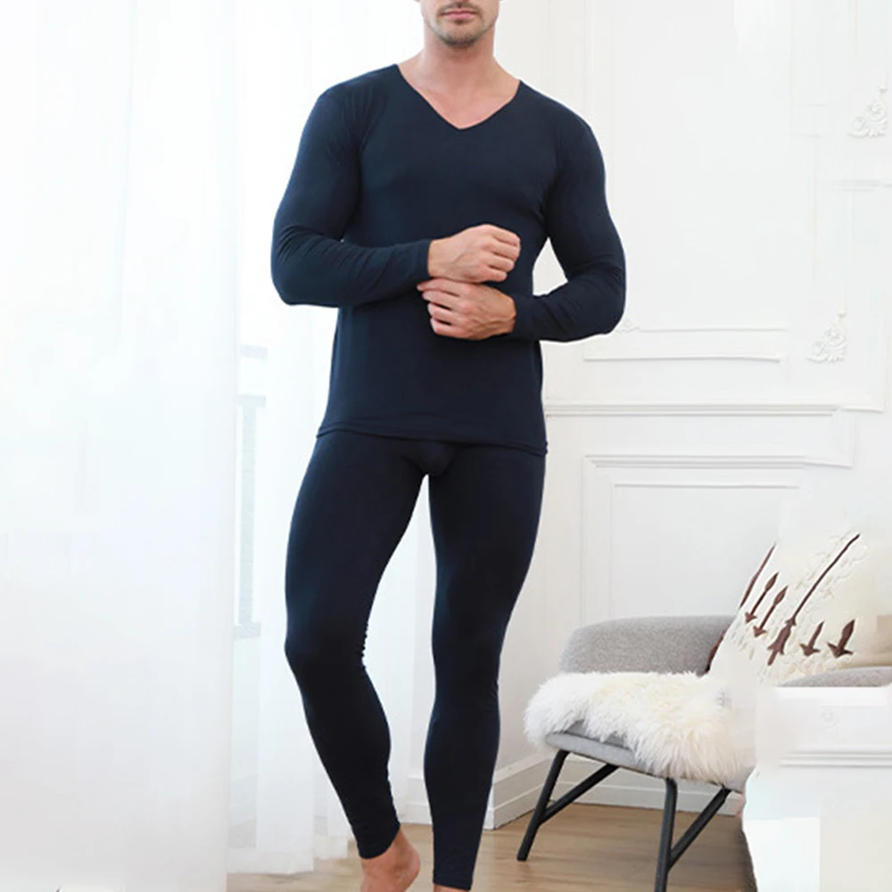 

Men Winter Warm Long Johns Suit V-neck Seamless Thermal Suit Tops Long Pant Underwear Bottoming Elastic Thermals Thermo Clothes