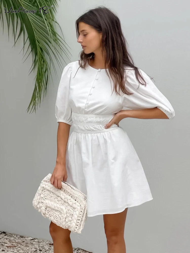 

Mnealways18 White Office Elegant Button Linen Dress A-Line Women Puff Sleeve Ruched Cotton Dresses Summer 2023 Ladies Mini Dress