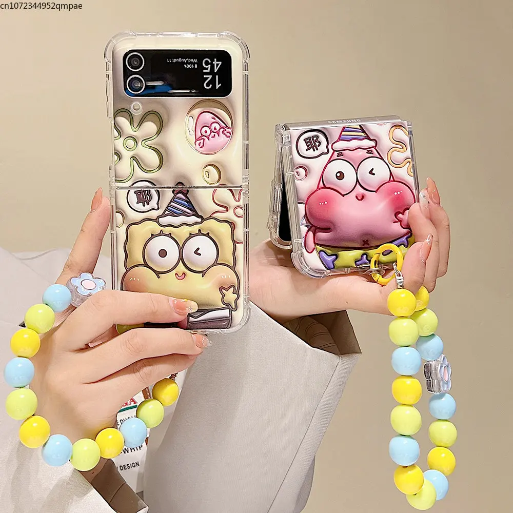 

Fashion Spongebobs Patrick Stars With Lanyard Phone Case for Samsung Galaxy Z Flip 3 Z Flip 4 Hard PC Anti-drop Back Cover Funda