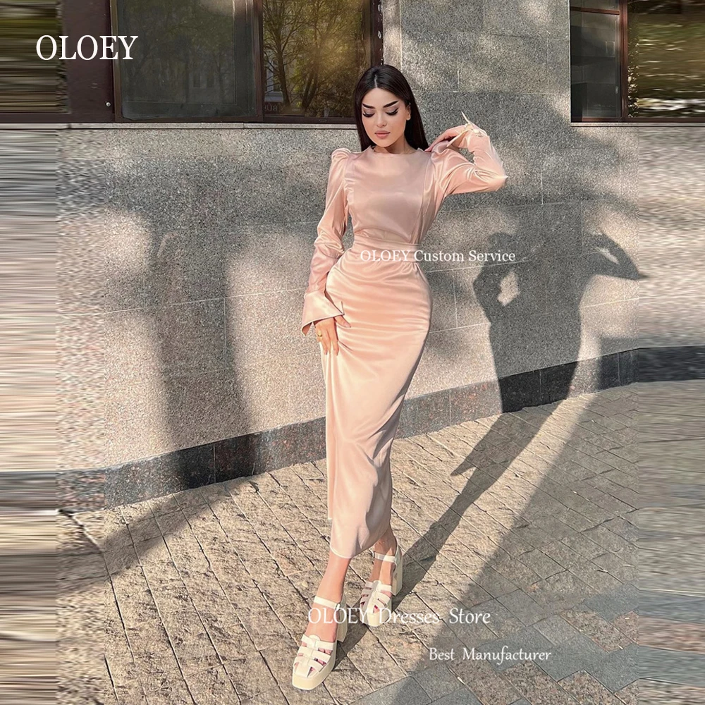

OLOEY 2023 Simple Silk Satin Evening Party Dresses Long Sleeves Jewel Neck Sheath Arabic Lady Formal Event Occasion Dress Modest