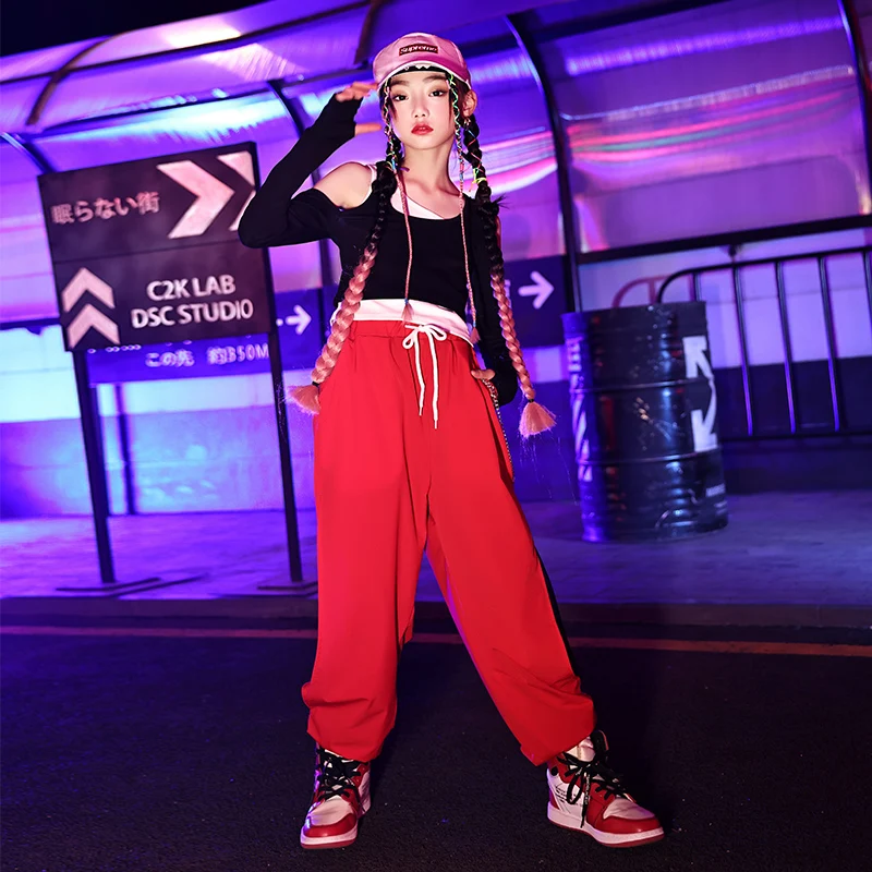 

2022 New Girls Jazz Street Dance Costumes Long Sleevd Tops Red Loose Pants Hip Hop Dancing Clothes Performance Costumes 120-170