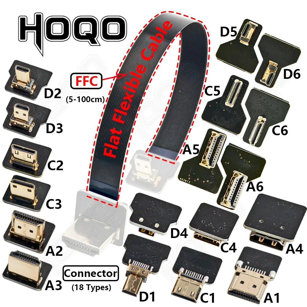 Фото Гибкий плоский кабель Ribbon FPV HDMI Connector для Raspberry Pi 4, Micro HDMI на HDMI/Mini HDMI (гнездо), 90 градусов, FFC, 20 контактов. №2