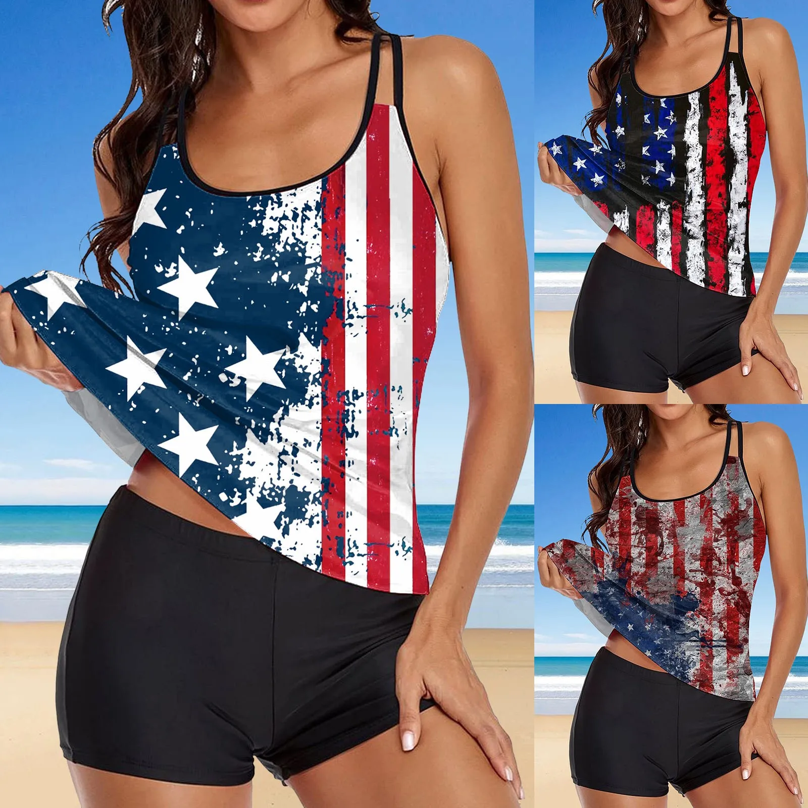 

Independence Day For Women's American 4th Of July Print Strappy Back Tankini Set Two Piece Bathing Suit Beachwear Push Two