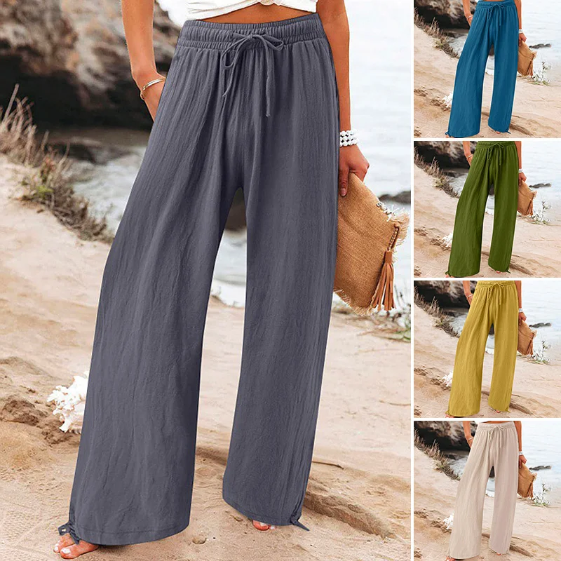 Women Loose Elastic Drawstring Lace Up Long Pants High Waist Wide Leg Straight Trousers Fashion Casual Vintage Solid Daily Wear