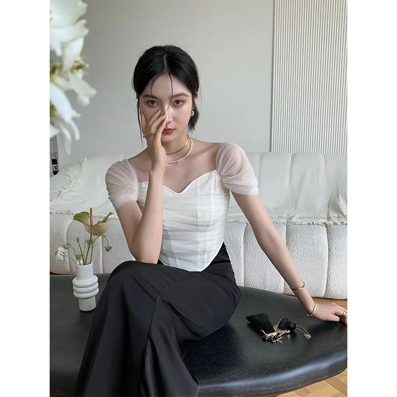 

Solaina Korean Style Wind Sewing Shoulder Fish Bone Slimming Slimming Top Women's 2022 Summer New Product Women Clothes