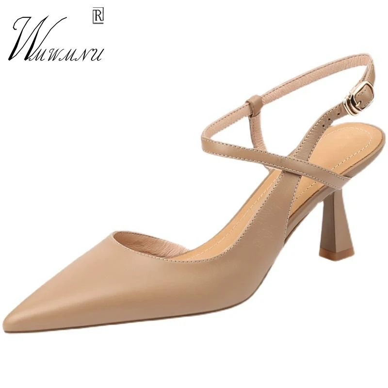 

Apricot Pointed Toe Mules Elegant Buckle Strap Hollow Thin Heels Fashion New Comfort Non-Slip Slingbacks PU Leather Party Shoes