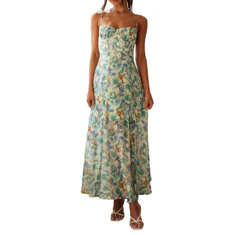 Женское летнее длинное пляжное платье без рукавов с открытой спиной и цветочным принтом